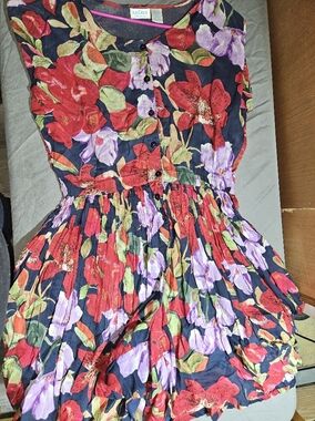 Floral Button-Front Sundress in Navy with Red & Lilac Blooms